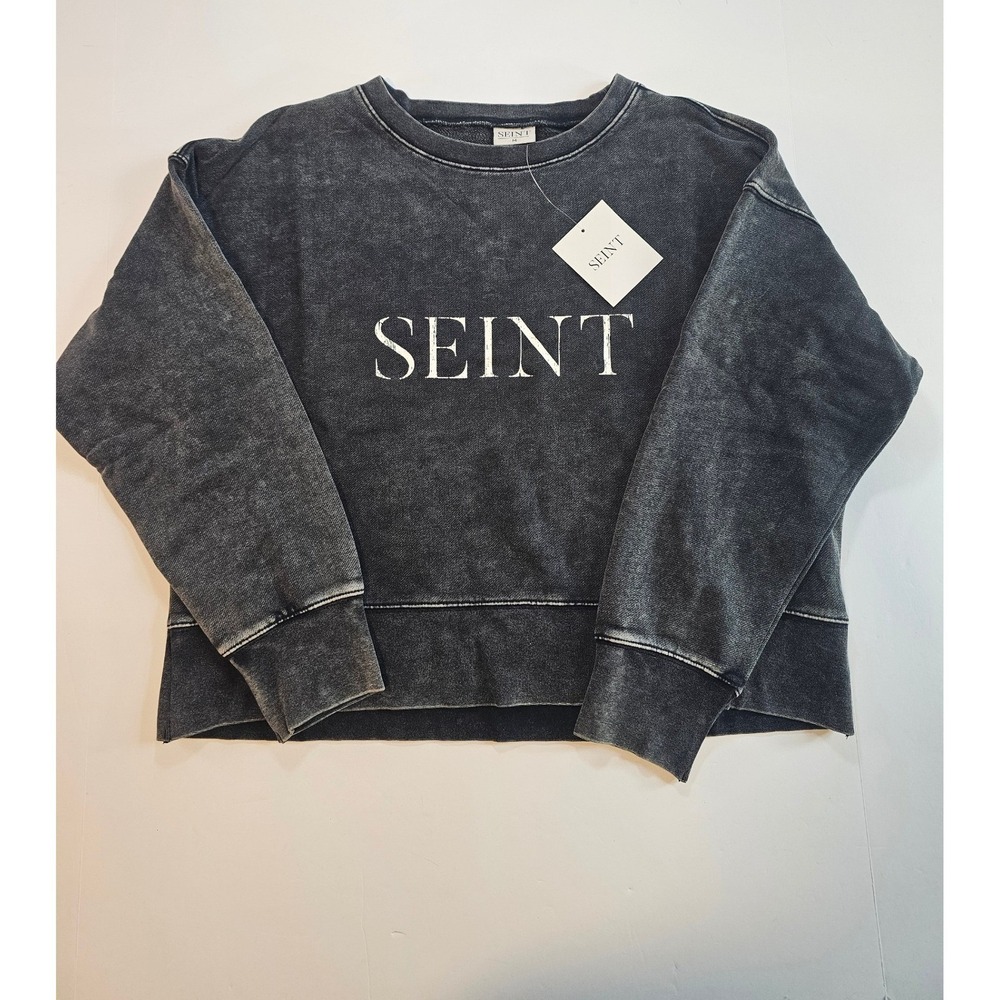 Seint Sweatshirt Women Size Medium Charcoal Grey Mineral Wash Logo Pullover